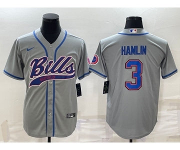 Men's Buffalo Bills #3 Damar Hamlin Grey With Patch Cool Base Stitched Baseball Jersey