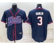 Men's Buffalo Bills #3 Damar Hamlin Navy Blue With Patch Cool Base Stitched Baseball Jersey