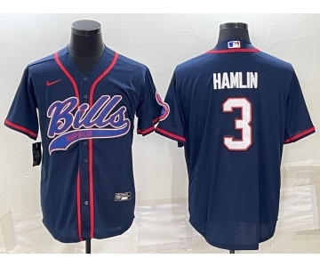 Men's Buffalo Bills #3 Damar Hamlin Navy Blue With Patch Cool Base Stitched Baseball Jersey