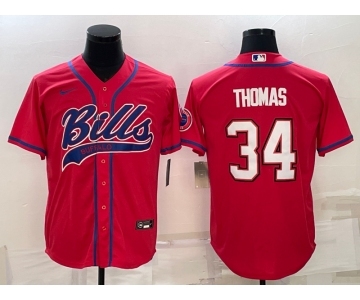 Men's Buffalo Bills #34 Thurman Thomas Red With Patch Cool Base Stitched Baseball Jersey