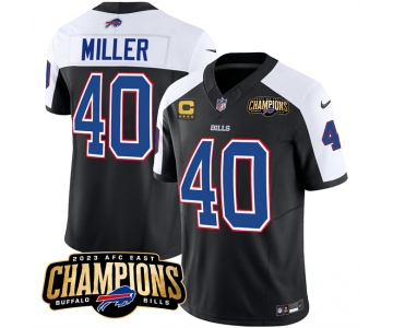 Men's Buffalo Bills #40 Von Miller Black White 2023 F.U.S.E. AFC East Champions With 4-star C Ptach Football Stitched Jersey