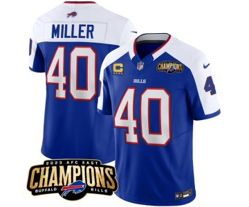 Men's Buffalo Bills #40 Von Miller Blue White 2023 F.U.S.E. AFC East Champions With 4-star C Ptach Football Stitched Jersey