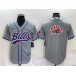 Men's Buffalo Bills Grey Team Big Logo With Patch Cool Base Stitched Baseball Jersey