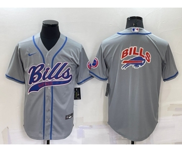 Men's Buffalo Bills Grey Team Big Logo With Patch Cool Base Stitched Baseball Jersey