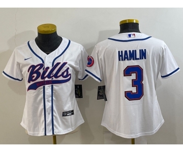 Women's Buffalo Bills #3 Damar Hamlin White With Patch Cool Base Stitched Baseball Jersey