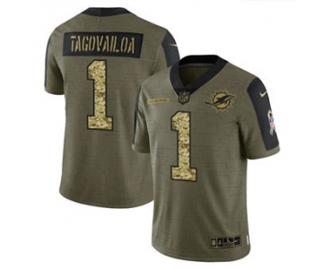 Men's Miami Dolphins #1 Tua Tagovailoa 2021 Olive Camo Salute To Service Limited Stitched Football Jersey