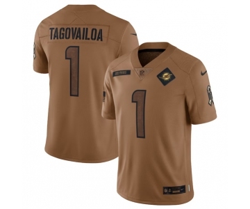 Men's Miami Dolphins #1 Tua Tagovailoa 2023 Brown Salute To Service Limited Football Stitched Jersey