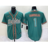 Men's Miami Dolphins #1 Tua Tagovailoa Aqua Cool Base Stitched Baseball Jersey