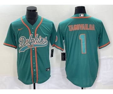 Men's Miami Dolphins #1 Tua Tagovailoa Aqua Cool Base Stitched Baseball Jersey