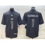 Men's Miami Dolphins #1 Tua Tagovailoa Black Reflective Limited Stitched Football Jerse