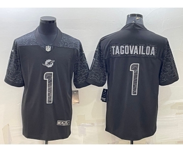 Men's Miami Dolphins #1 Tua Tagovailoa Black Reflective Limited Stitched Football Jerse