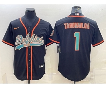 Men's Miami Dolphins #1 Tua Tagovailoa Black With Patch Cool Base Stitched Baseball Jersey