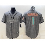 Men's Miami Dolphins #1 Tua Tagovailoa Grey Gridiron With Patch Cool Base Stitched Baseball Jersey