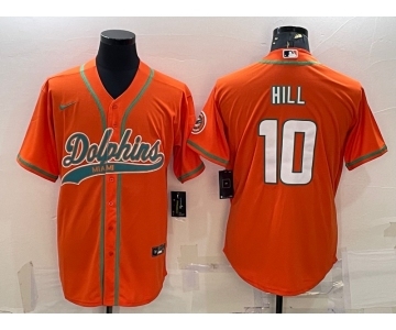 Men's Miami Dolphins #10 Tyreek Hill Orange With Patch Cool Base Stitched Baseball Jersey