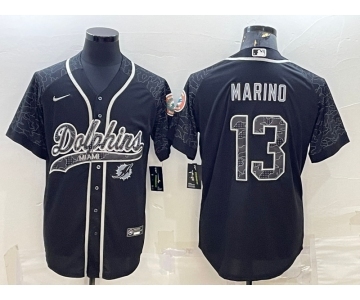 Men's Miami Dolphins #13 Dan Marino Black Reflective With Patch Cool Base Stitched Baseball Jersey