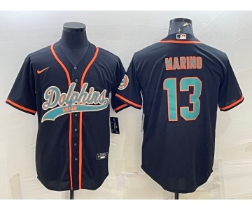 Men's Miami Dolphins #13 Dan Marino Black With Patch Cool Base Stitched Baseball Jersey