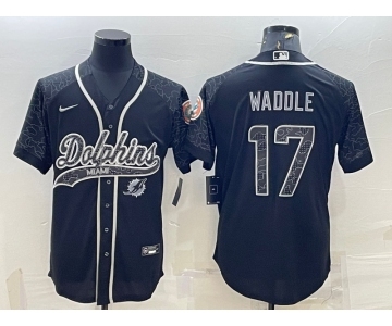 Men's Miami Dolphins #17 Jaylen Waddle Black Reflective With Patch Cool Base Stitched Baseball Jersey