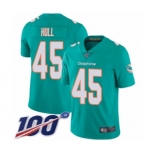 Men's Miami Dolphins #45 Mike Hull Aqua Green Team Color Vapor Untouchable Limited Player 100th Season Football Jersey