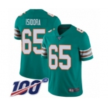 Men's Miami Dolphins #65 Danny Isidora Aqua Green Alternate Vapor Untouchable Limited Player 100th Season Football Jersey