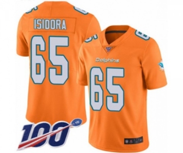 Men's Miami Dolphins #65 Danny Isidora Limited Orange Rush Vapor Untouchable 100th Season Football Jersey