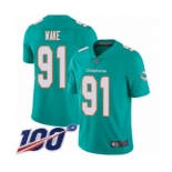 Men's Miami Dolphins #91 Cameron Wake Aqua Green Team Color Vapor Untouchable Limited Player 100th Season Football Jersey