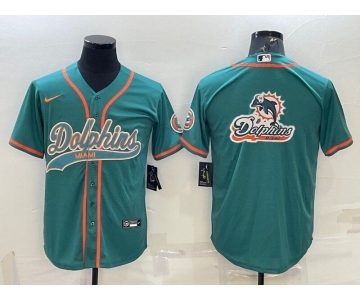 Men's Miami Dolphins Aqua Team Big Logo With Patch Cool Base Stitched Baseball Jersey