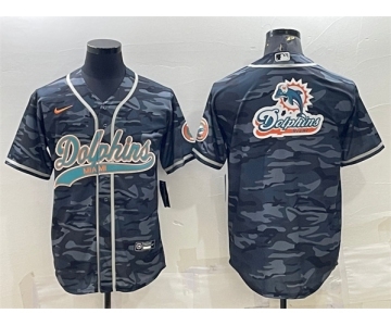 Men's Miami Dolphins Gray Camo Team Big Logo With Patch Cool Base Stitched Baseball Jersey