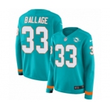 Women Nike Miami Dolphins #33 Kalen Ballage Limited Aqua Therma Long Sleeve NFL Jersey