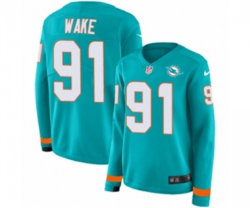 Women Nike Miami Dolphins #91 Cameron Wake Limited Aqua Therma Long Sleeve NFL Jersey