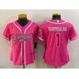 Women's Miami Dolphins #1 Tua Tagovailoa Pink With Patch Cool Base Stitched Baseball Jersey