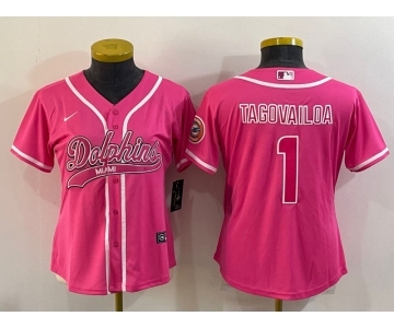 Women's Miami Dolphins #1 Tua Tagovailoa Pink With Patch Cool Base Stitched Baseball Jersey