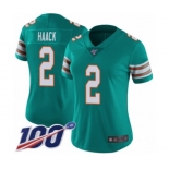 Women's Miami Dolphins #2 Matt Haack Aqua Green Alternate Vapor Untouchable Limited Player 100th Season Football Jersey