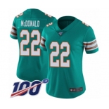 Women's Miami Dolphins #22 T.J. McDonald Aqua Green Alternate Vapor Untouchable Limited Player 100th Season Football Jersey