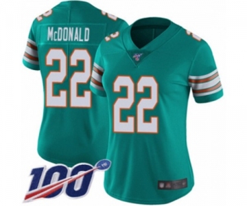 Women's Miami Dolphins #22 T.J. McDonald Aqua Green Alternate Vapor Untouchable Limited Player 100th Season Football Jersey