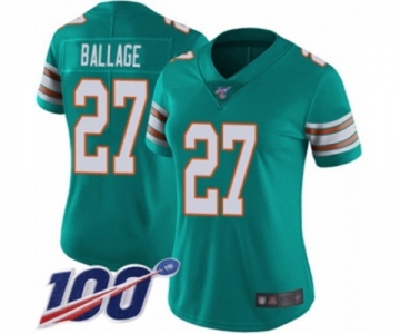 Women's Miami Dolphins #27 Kalen Ballage Aqua Green Alternate Vapor Untouchable Limited Player 100th Season Football Jersey