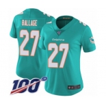 Women's Miami Dolphins #27 Kalen Ballage Aqua Green Team Color Vapor Untouchable Limited Player 100th Season Football Jersey