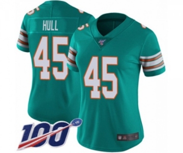 Women's Miami Dolphins #45 Mike Hull Aqua Green Alternate Vapor Untouchable Limited Player 100th Season Football Jersey