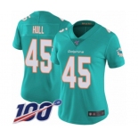 Women's Miami Dolphins #45 Mike Hull Aqua Green Team Color Vapor Untouchable Limited Player 100th Season Football Jersey