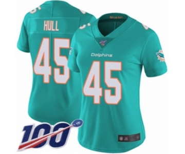 Women's Miami Dolphins #45 Mike Hull Aqua Green Team Color Vapor Untouchable Limited Player 100th Season Football Jersey