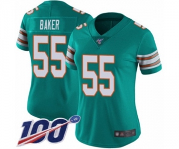 Women's Miami Dolphins #55 Jerome Baker Aqua Green Alternate Vapor Untouchable Limited Player 100th Season Football Jersey