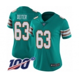 Women's Miami Dolphins #63 Michael Deiter Aqua Green Alternate Vapor Untouchable Limited Player 100th Season Football Jersey