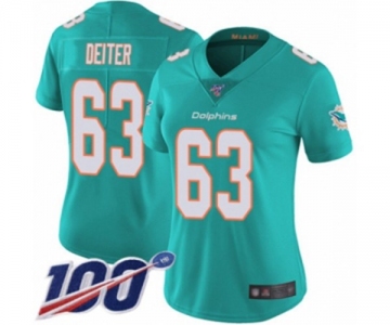 Women's Miami Dolphins #63 Michael Deiter Aqua Green Team Color Vapor Untouchable Limited Player 100th Season Football Jersey