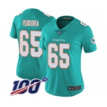 Women's Miami Dolphins #65 Danny Isidora Aqua Green Team Color Vapor Untouchable Limited Player 100th Season Football Jersey