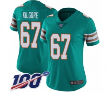 Women's Miami Dolphins #67 Daniel Kilgore Aqua Green Alternate Vapor Untouchable Limited Player 100th Season Football Jersey