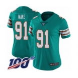 Women's Miami Dolphins #91 Cameron Wake Aqua Green Alternate Vapor Untouchable Limited Player 100th Season Football Jersey