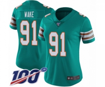 Women's Miami Dolphins #91 Cameron Wake Aqua Green Alternate Vapor Untouchable Limited Player 100th Season Football Jersey