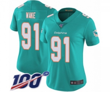 Women's Miami Dolphins #91 Cameron Wake Aqua Green Team Color Vapor Untouchable Limited Player 100th Season Football Jersey