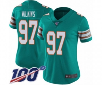 Women's Miami Dolphins #97 Christian Wilkins Aqua Green Alternate Vapor Untouchable Limited Player 100th Season Football Jersey