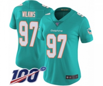 Women's Miami Dolphins #97 Christian Wilkins Aqua Green Team Color Vapor Untouchable Limited Player 100th Season Football Jersey