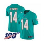 Youth Miami Dolphins #14 Ryan Fitzpatrick Aqua Green Team Color Vapor Untouchable Limited Player 100th Season Football Jersey